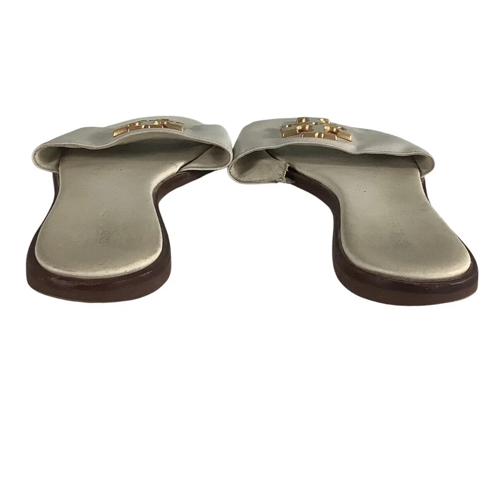 Tory Burch Ines Slide Sandals Cream White Leather Gold Logo Flat Slides Size 10